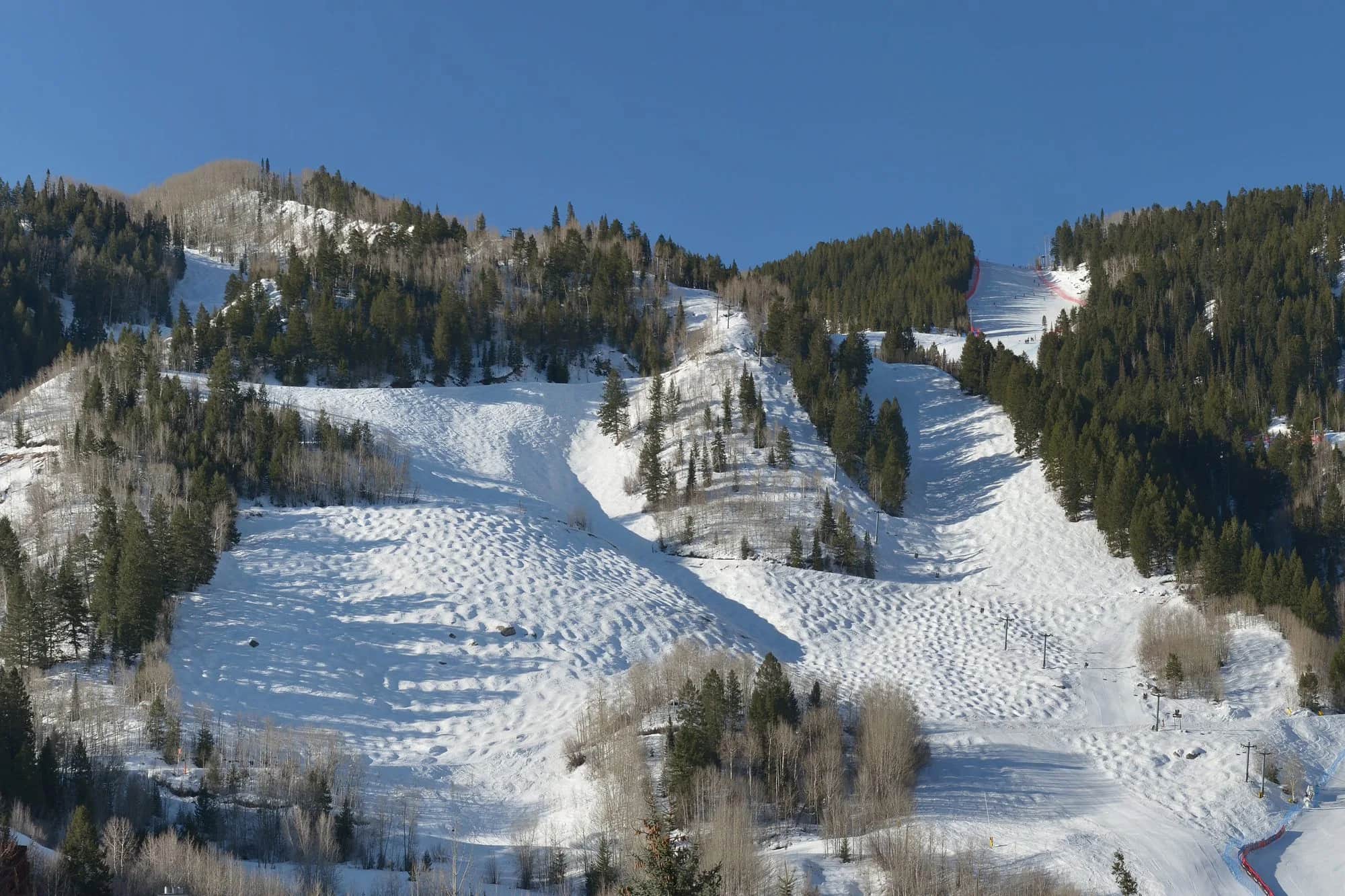 Snow-covered ski slopes on Aspen Mountain in Colorado
