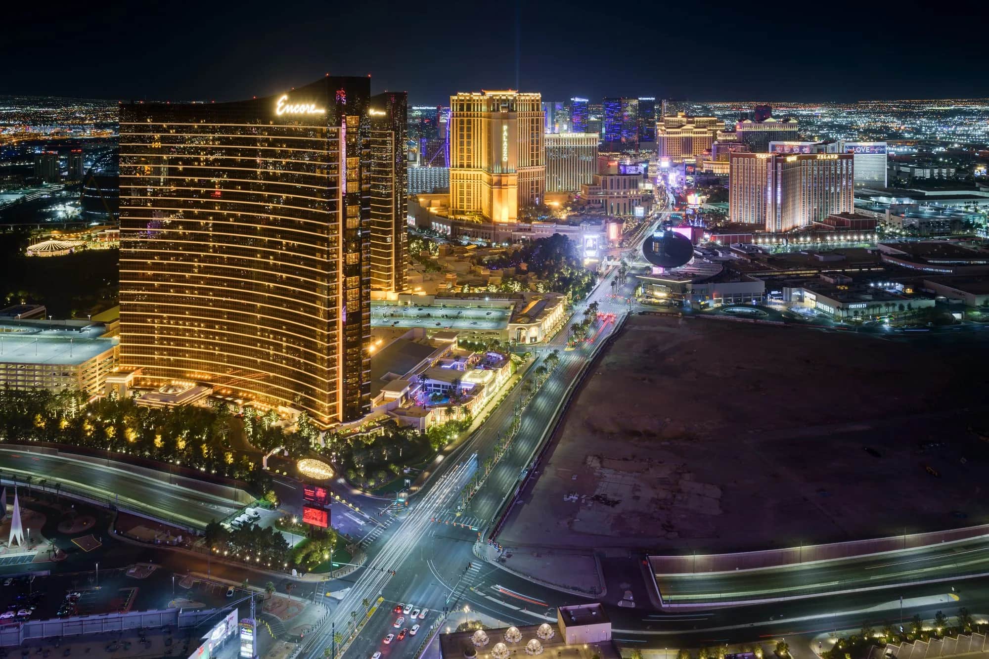 An elevated view of the Las Vegas Strip skyline at dusk