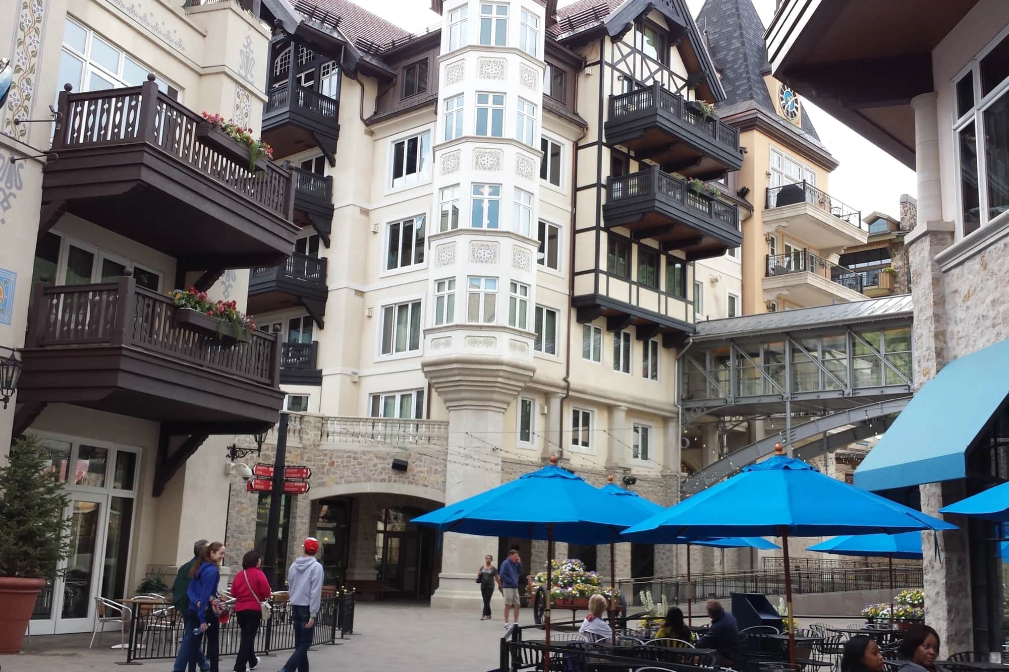 Tyrolean-style architecture and pedestrian plaza in Vail Village, Colorado