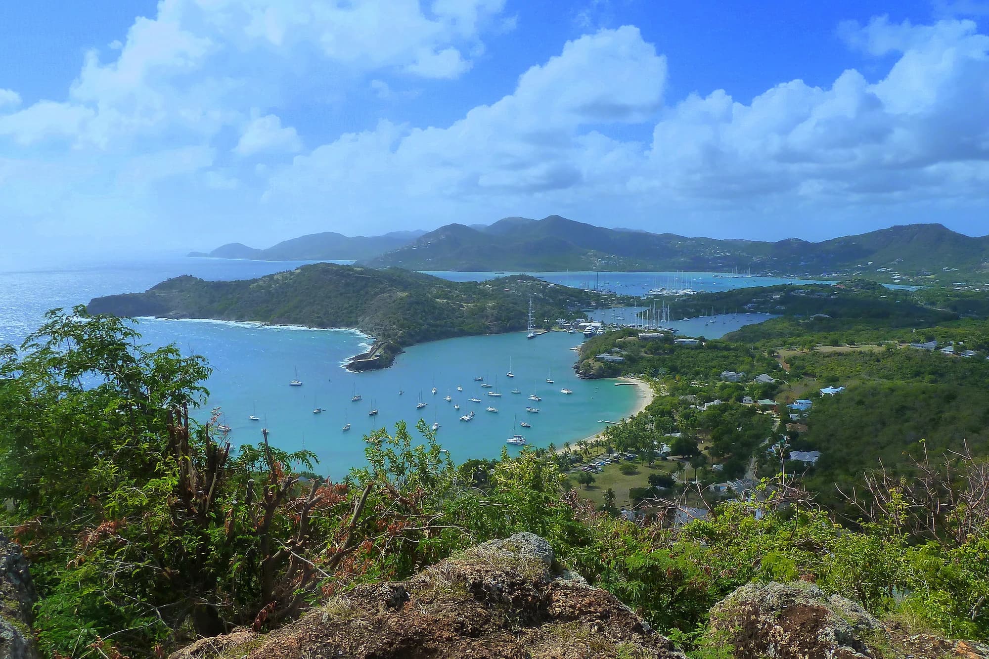 View of English Harbour and sailboats from Shirley Heights, Antigua