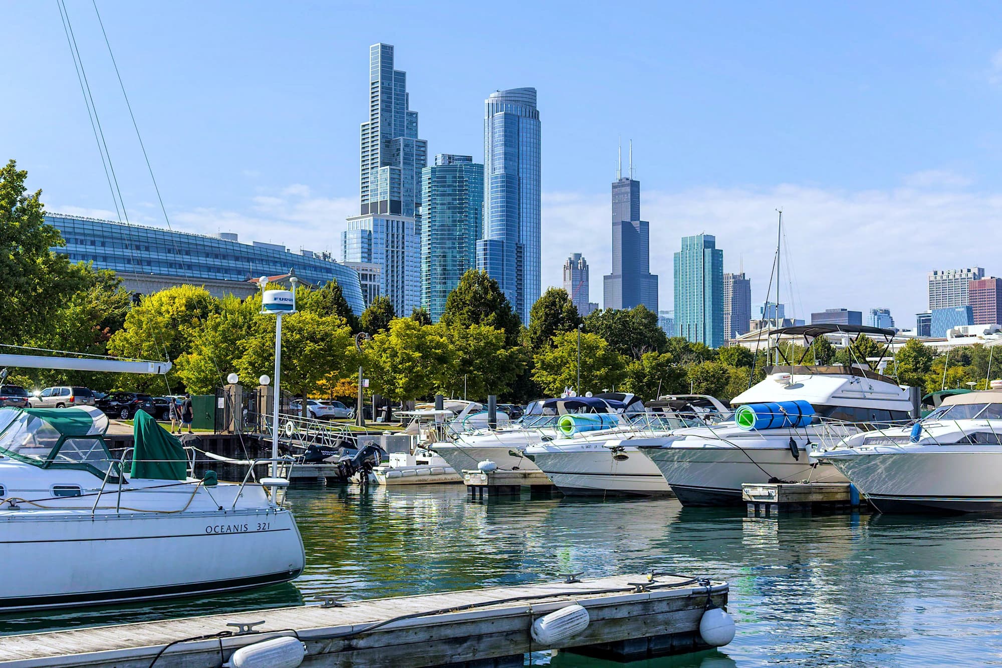 Chicago skyline viewed across the yacht-filled Burnham Harbor on Lake Michigan
