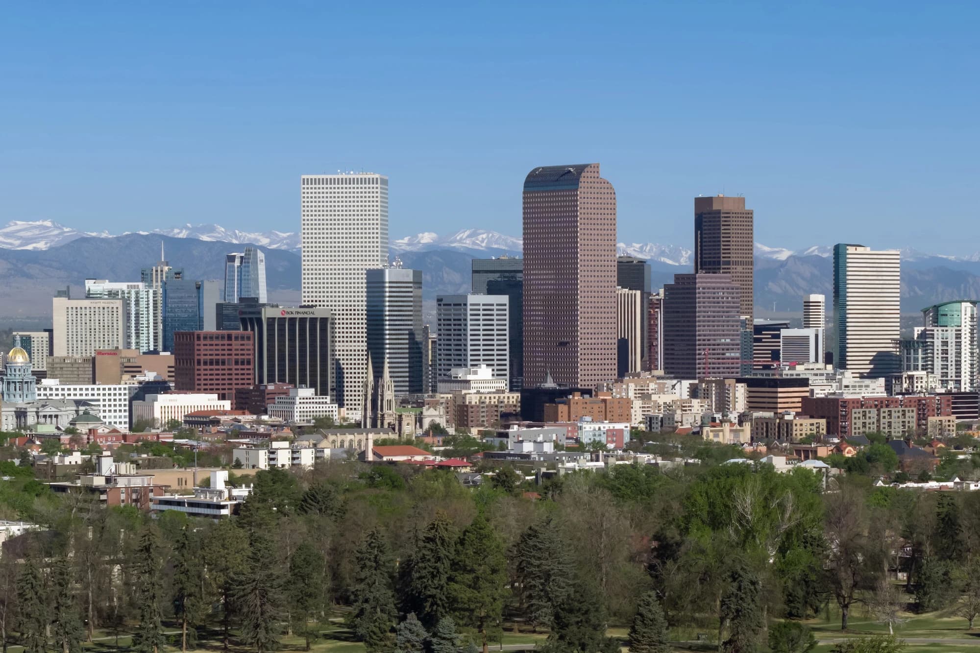 Denver, Colorado skyline with the Rocky Mountains in the background