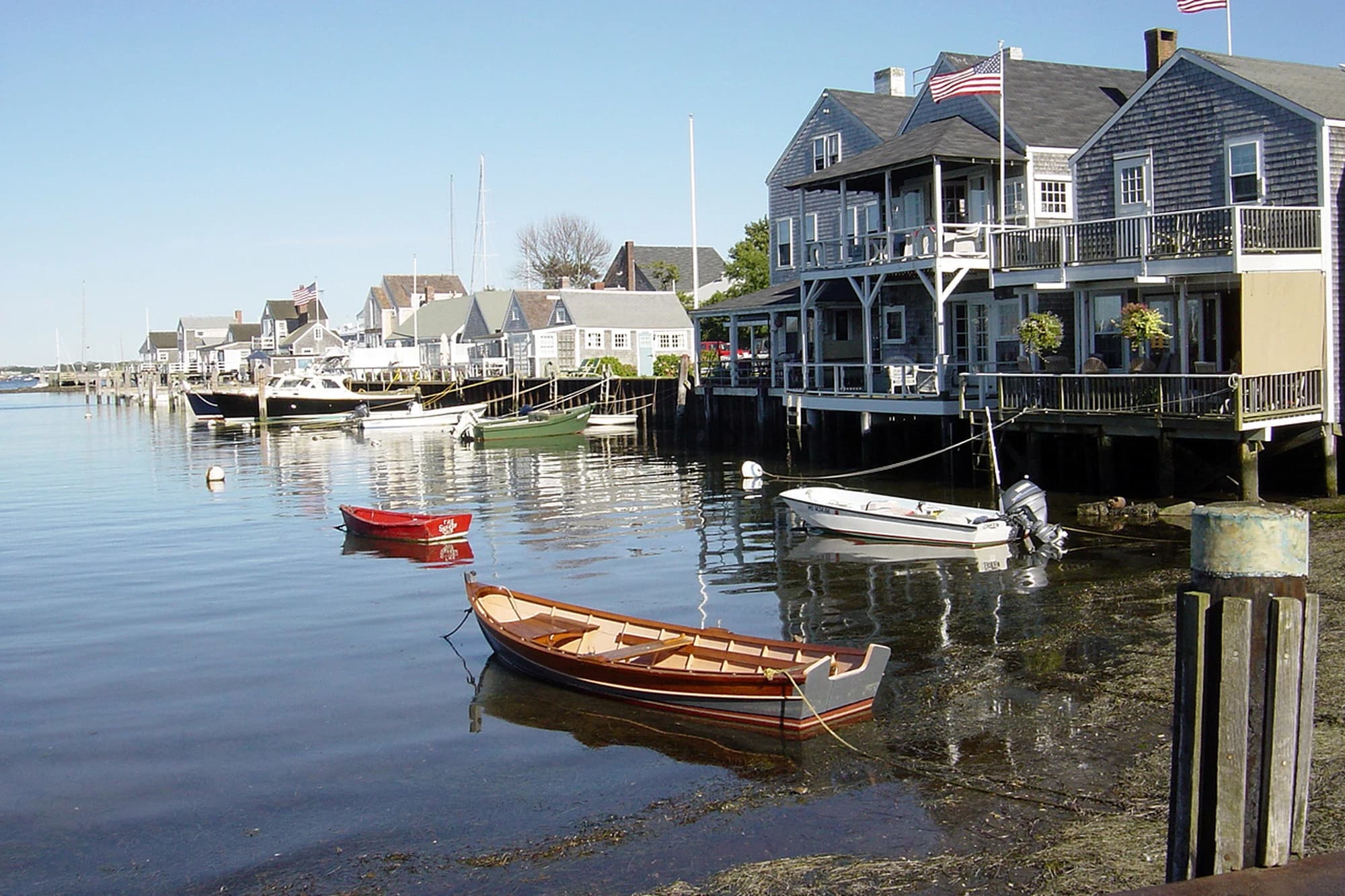 Harbor view of Nantucket, Massachusetts, with boats and the historic town waterfront