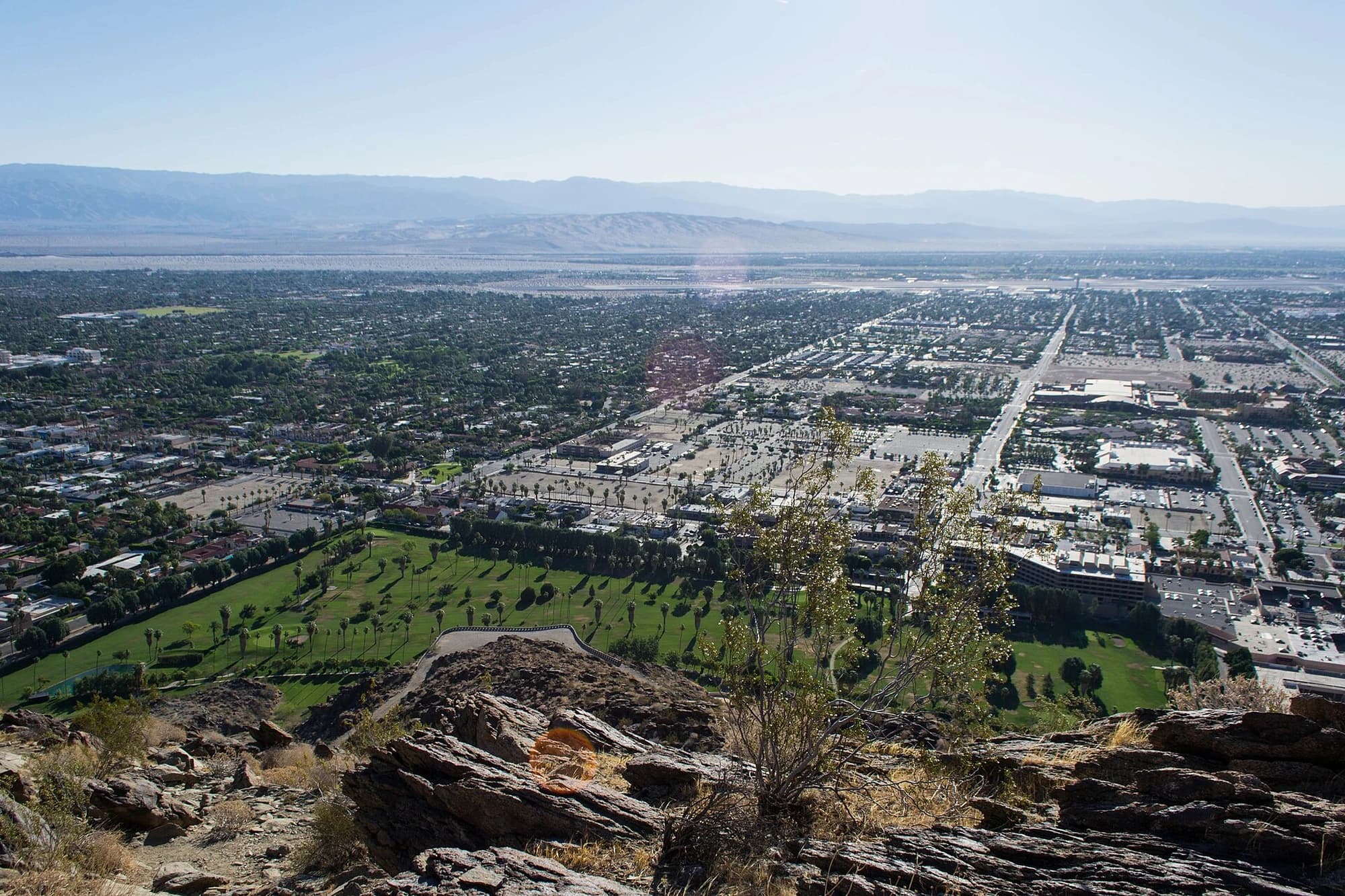 View of Palm Springs, California, from the Museum Trail, with the desert city framed by the San Jacinto Mountains