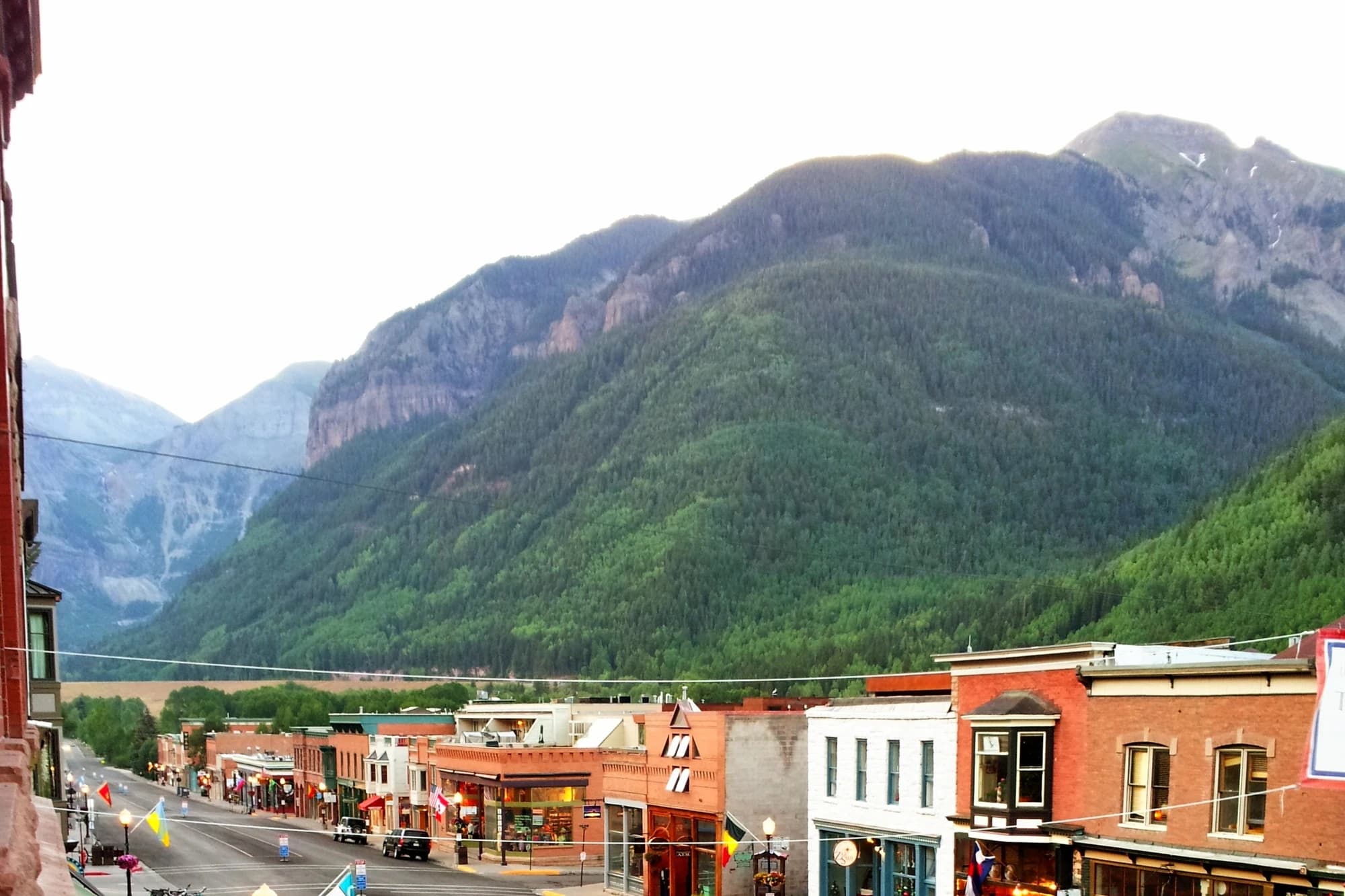 Telluride, Colorado, nestled in a box canyon beneath steep forested mountains