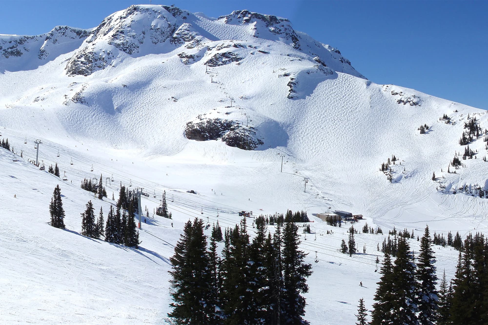 Snow-covered peaks and ski slopes at Whistler Blackcomb resort in British Columbia