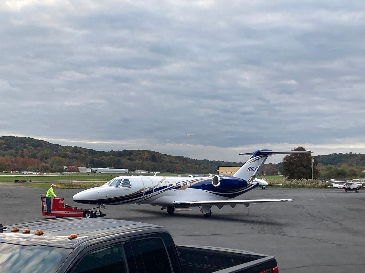 Business jet parked on the ramp at Danbury Municipal Airport in western Connecticut