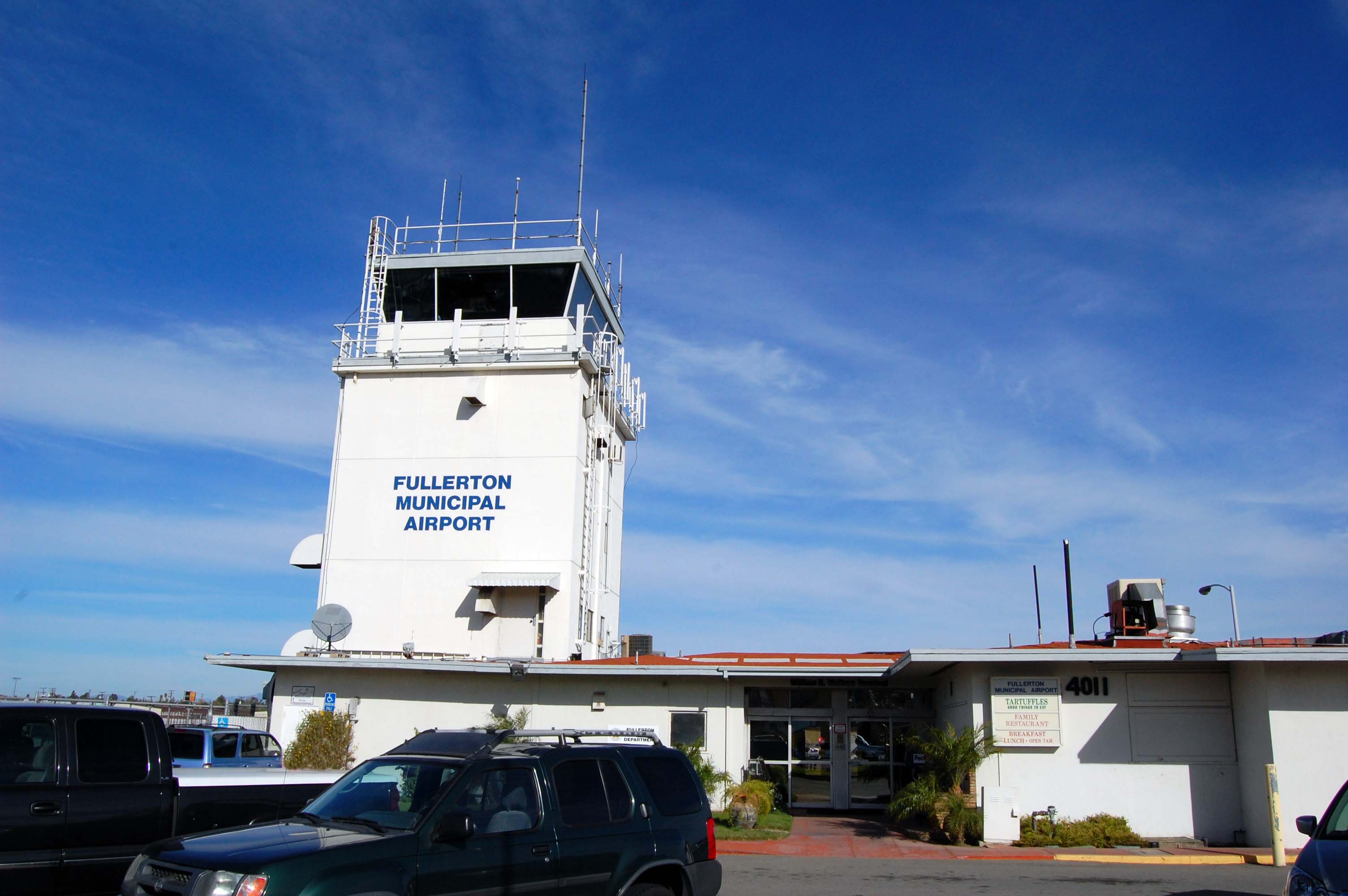 General aviation aircraft on the ramp at Fullerton Municipal Airport in Orange County