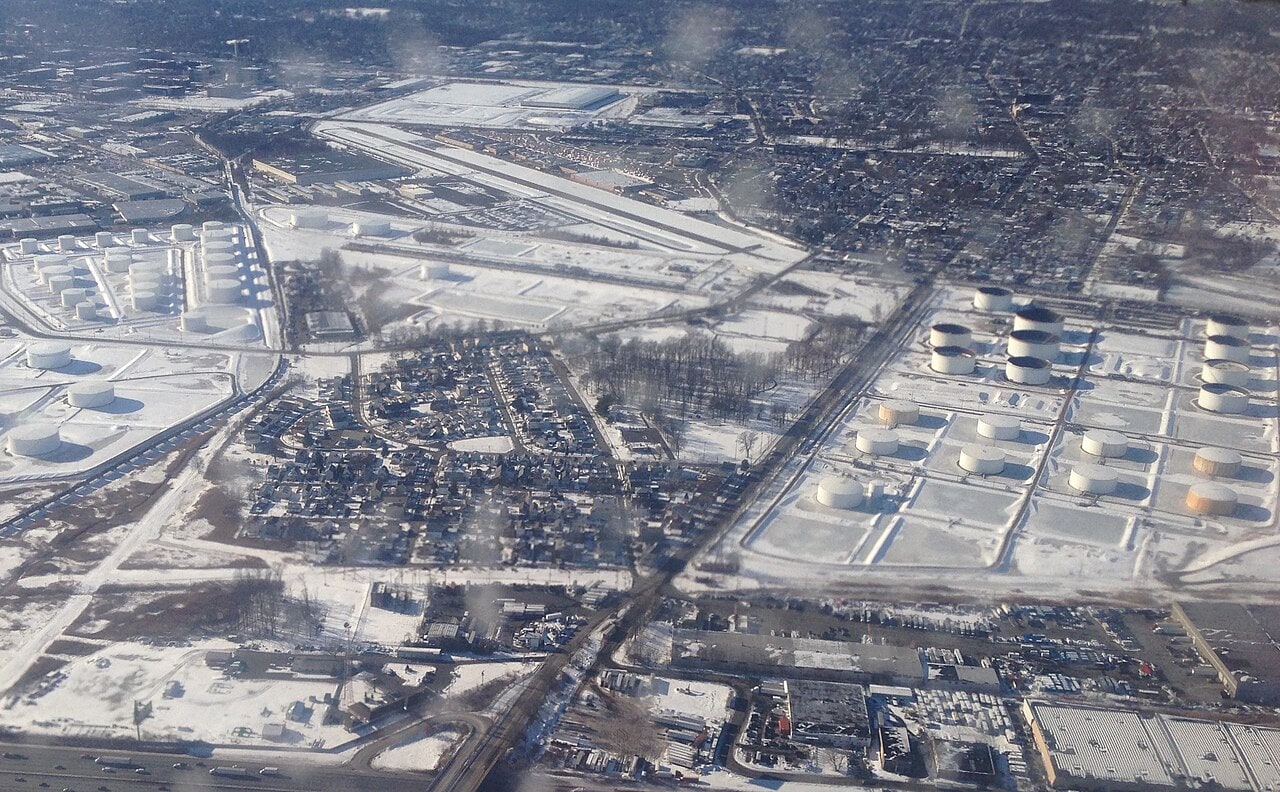 Aerial view of Linden Airport's runway and ramp in Union County, New Jersey