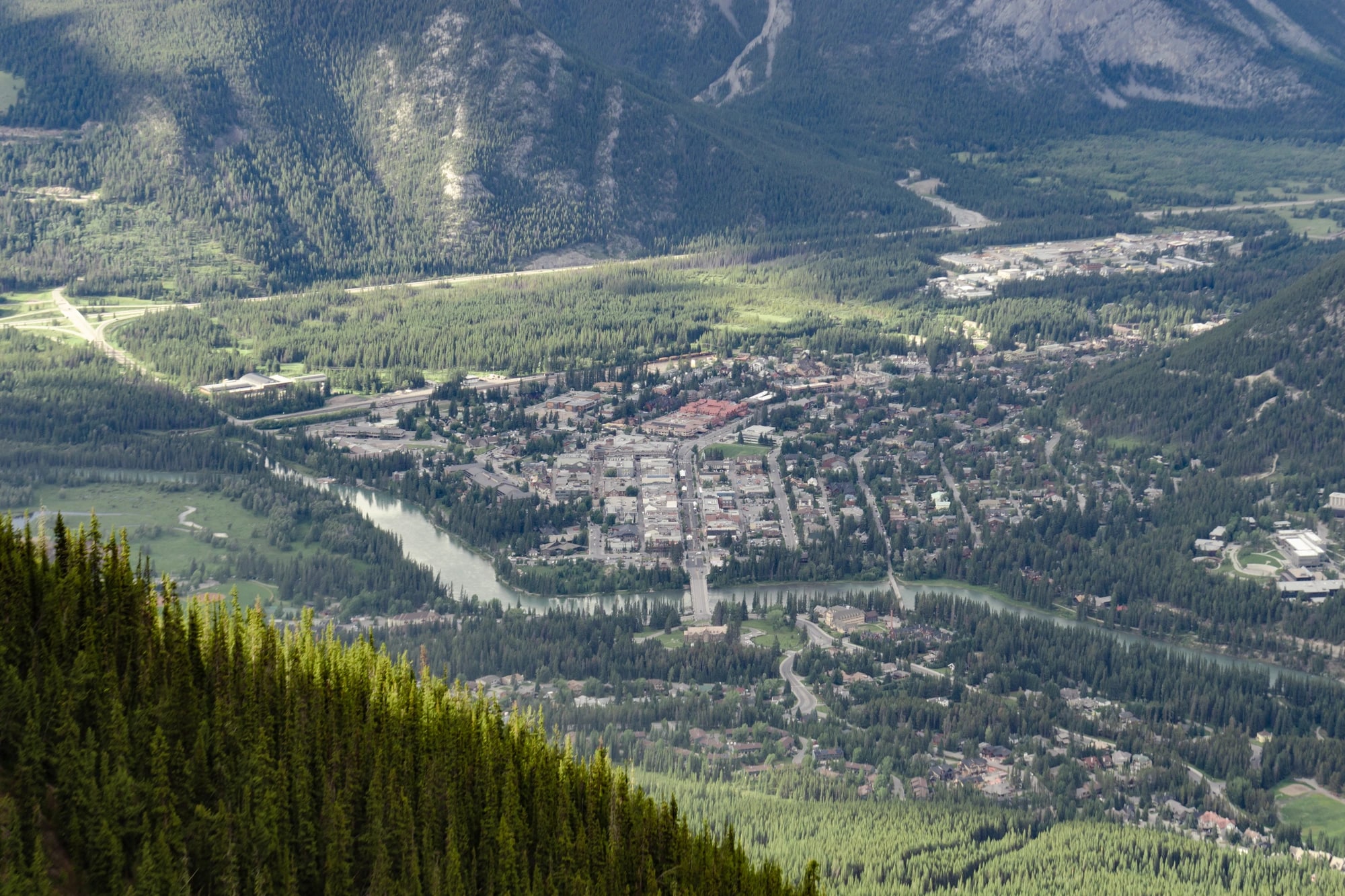 The town of Banff nestled among the Canadian Rockies, viewed from Sulphur Mountain