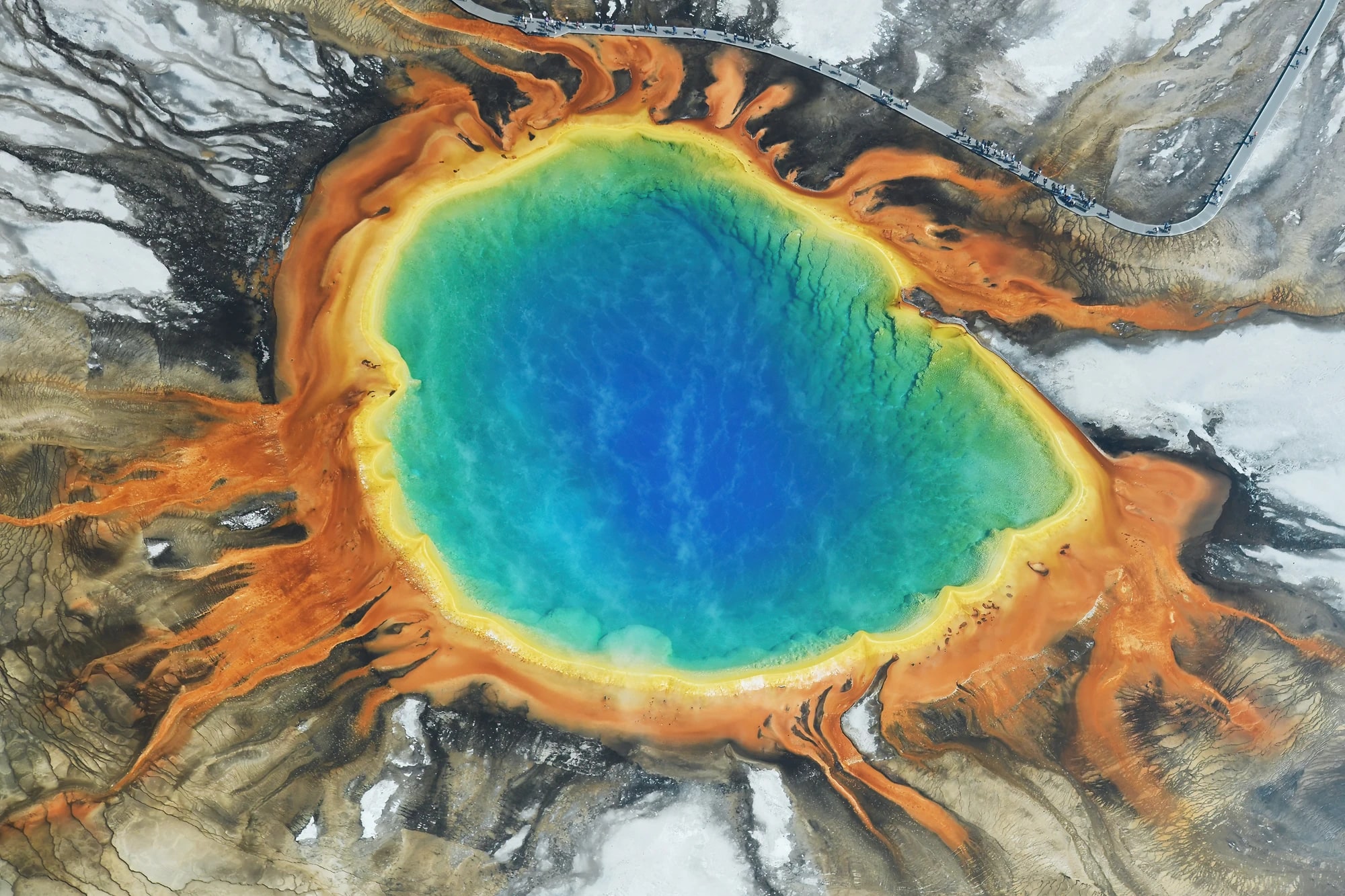 Aerial view of the vividly colored Grand Prismatic Spring in Yellowstone National Park