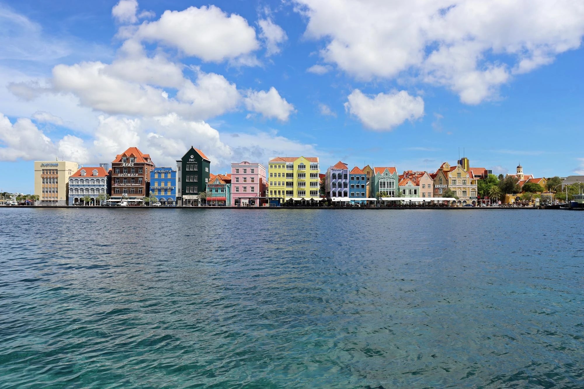 Colorful Dutch colonial waterfront buildings along the Handelskade in Willemstad, Curaçao