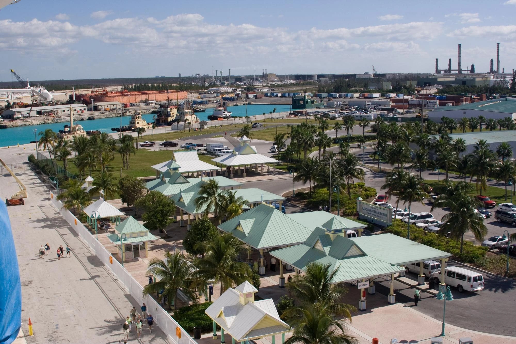 Lucayan Harbour cruise port with palm-lined pavilions in Freeport, Grand Bahama