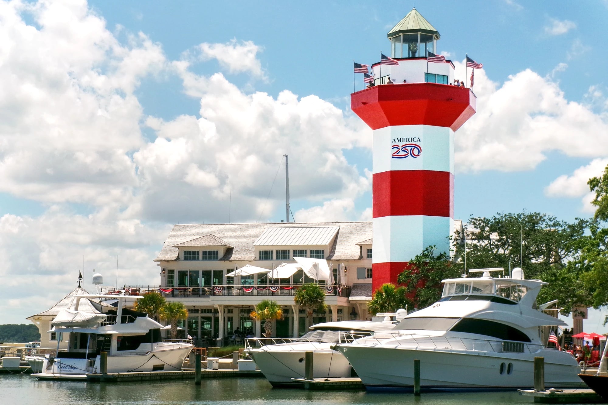 Harbour Town Lighthouse and marina with yachts docked in Sea Pines Resort, Hilton Head Island, South Carolina