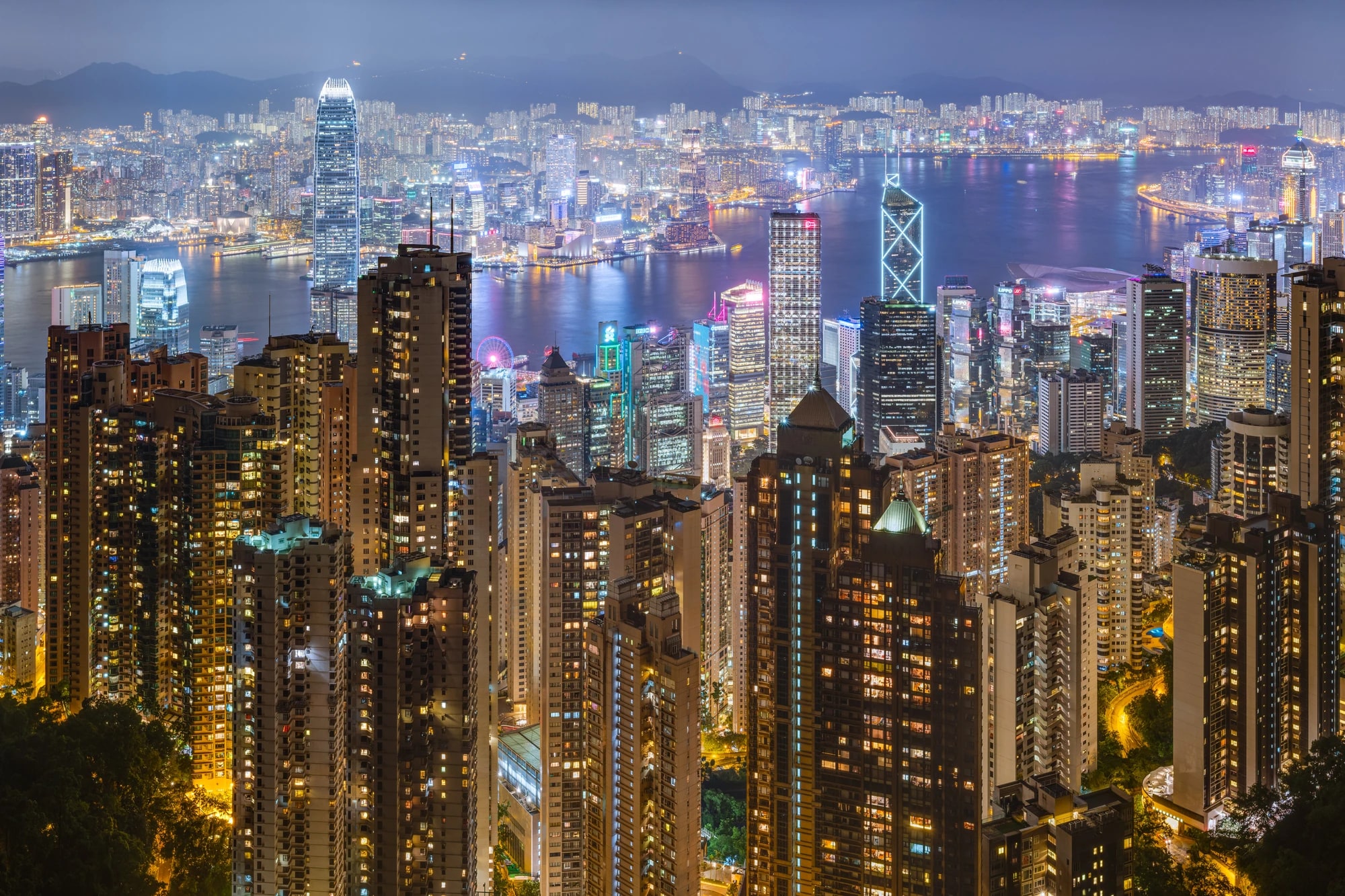 Hong Kong's Victoria Harbour skyline illuminated at night