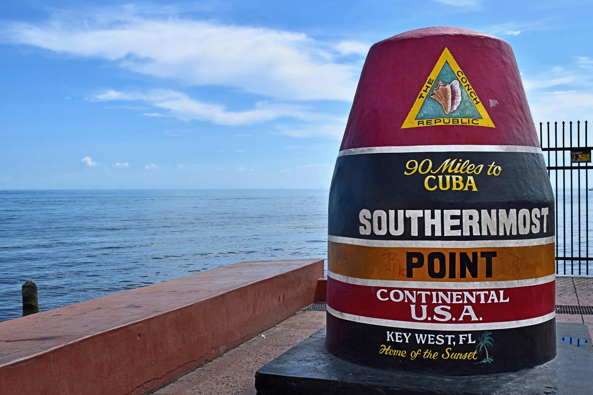 The Southernmost Point buoy landmark in Key West, Florida, viewed from the northeast
