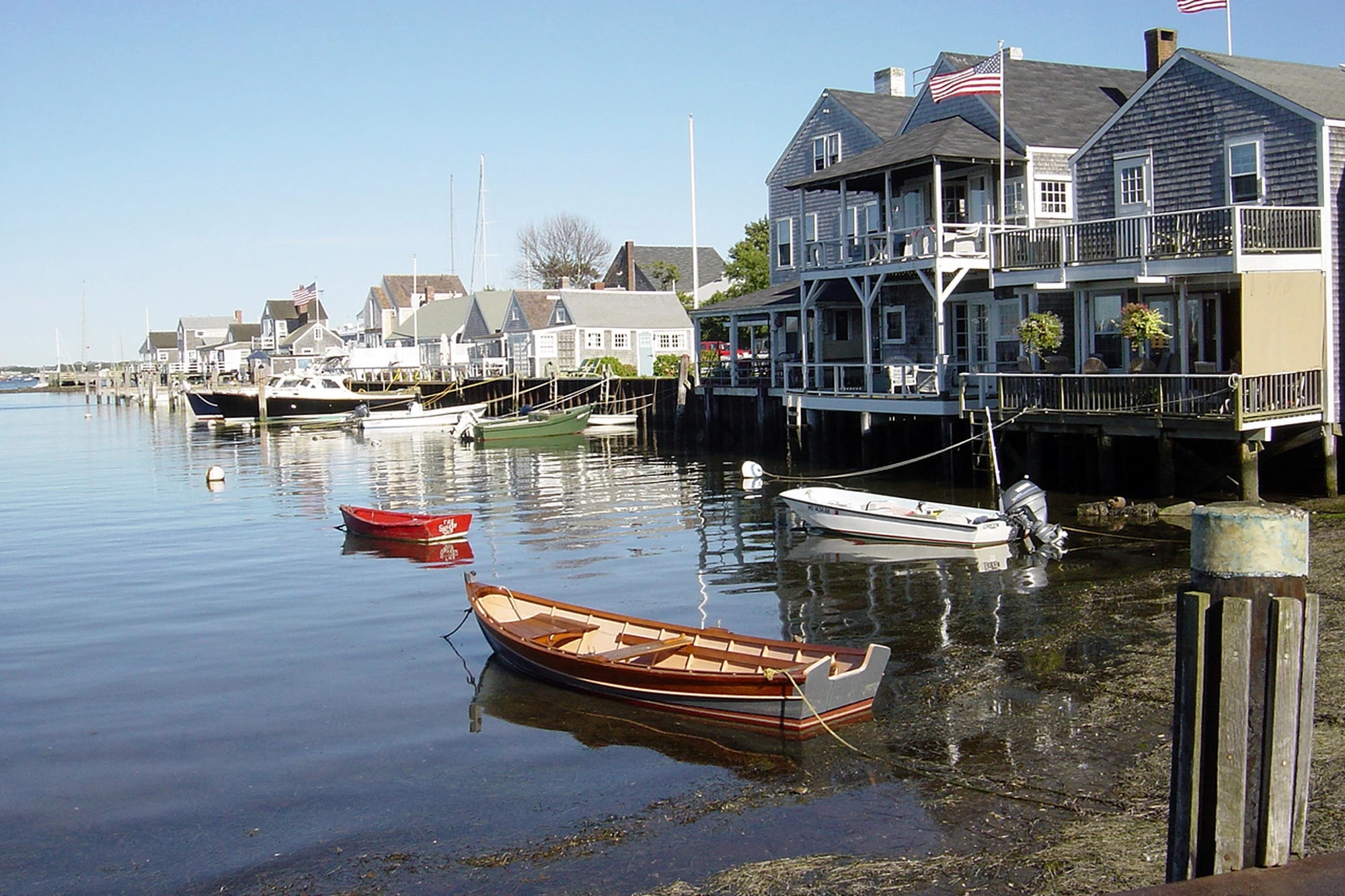 Harbor view of Nantucket, Massachusetts, with boats and the historic town waterfront