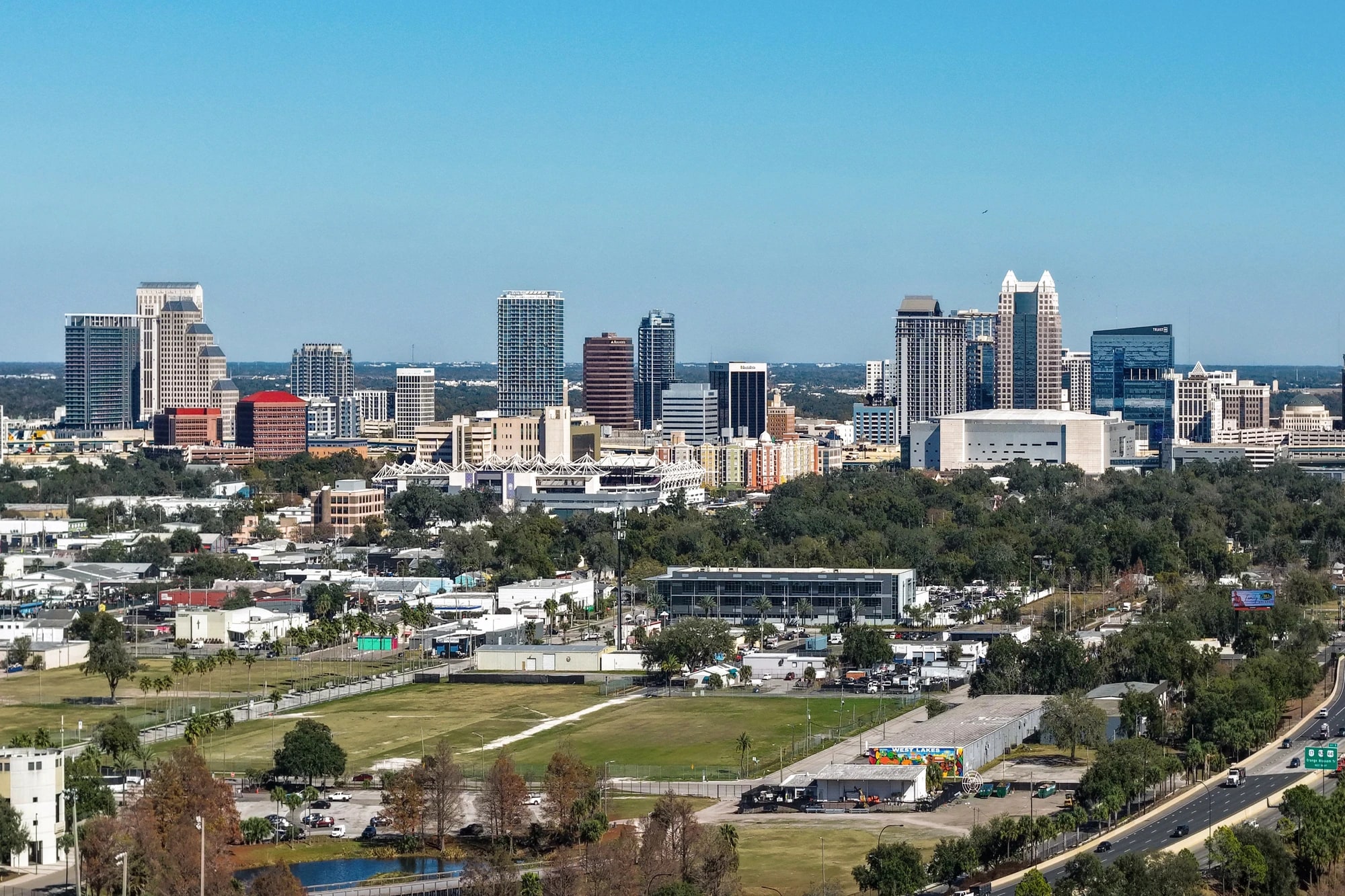 Daytime aerial view of the downtown Orlando skyline