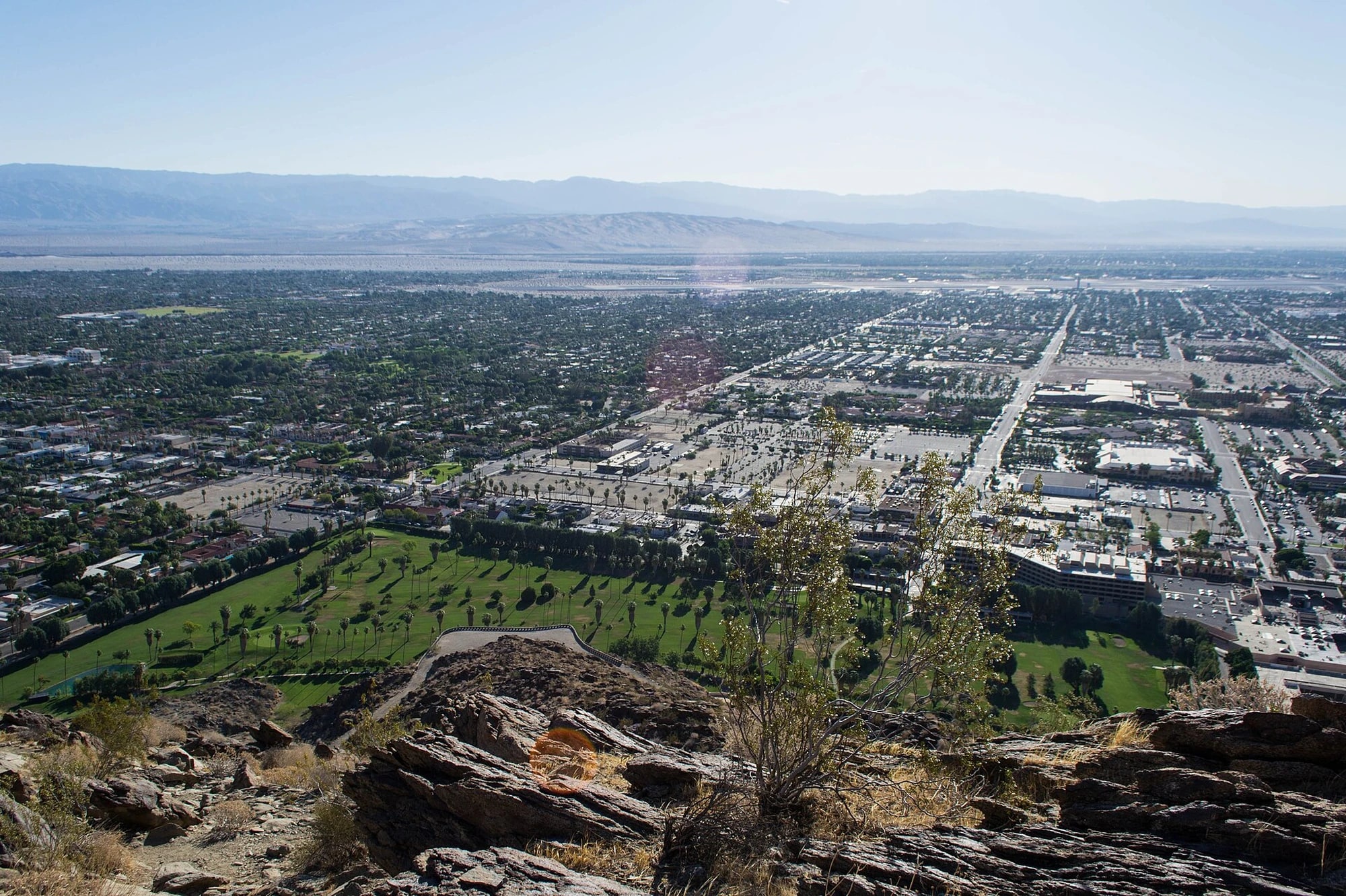 View of Palm Springs, California, from the Museum Trail, with the desert city framed by the San Jacinto Mountains