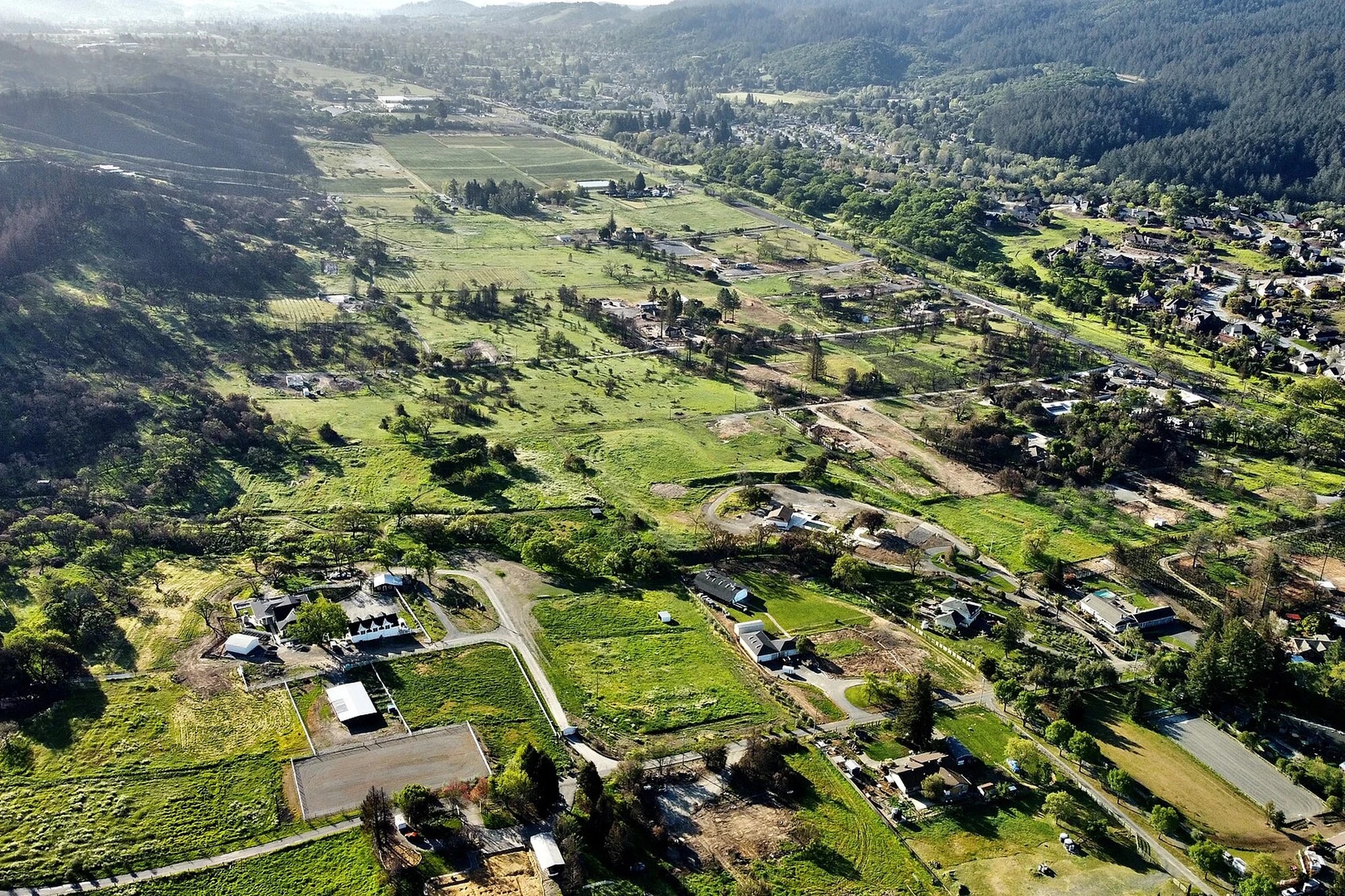 Aerial view of Sonoma Valley, California, with vineyards, rolling hills, and scattered homes amid wine country greenery