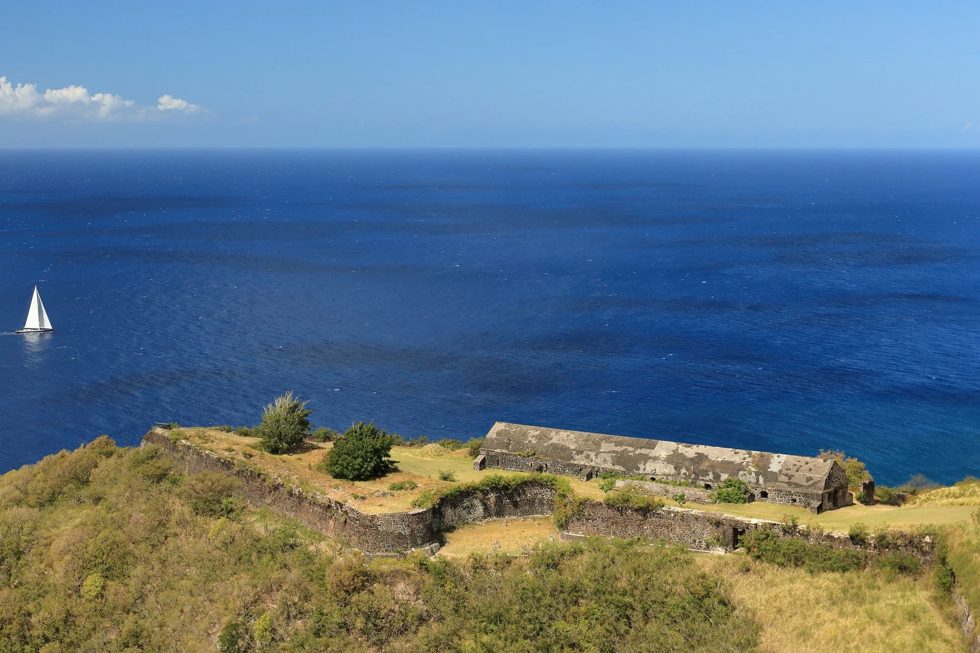 Aerial view of Brimstone Hill Fortress National Park perched above the turquoise Caribbean Sea in St. Kitts, with a sailboat passing offshore