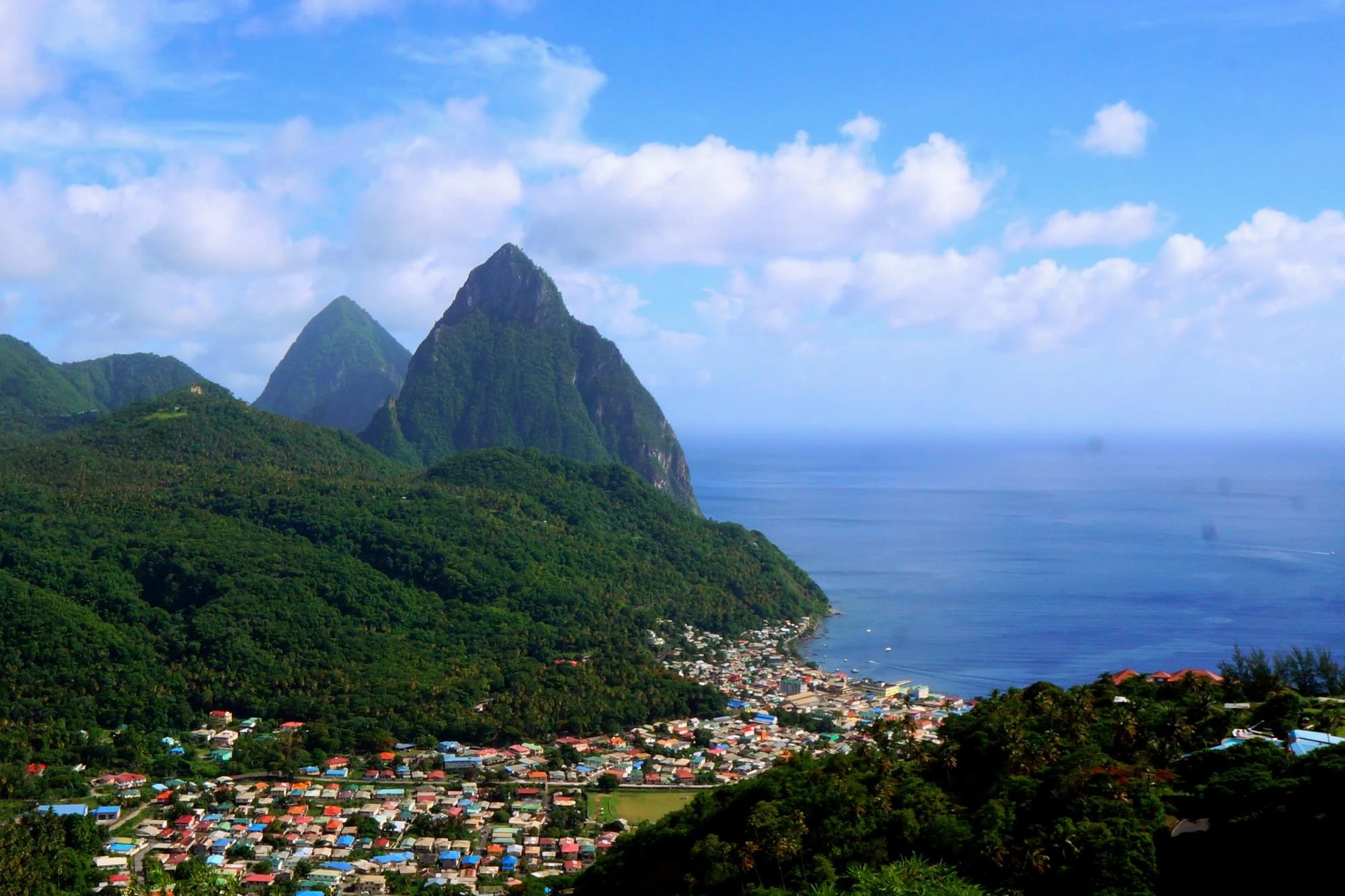The twin volcanic peaks of Gros Piton and Petit Piton rising above Soufrière, Saint Lucia