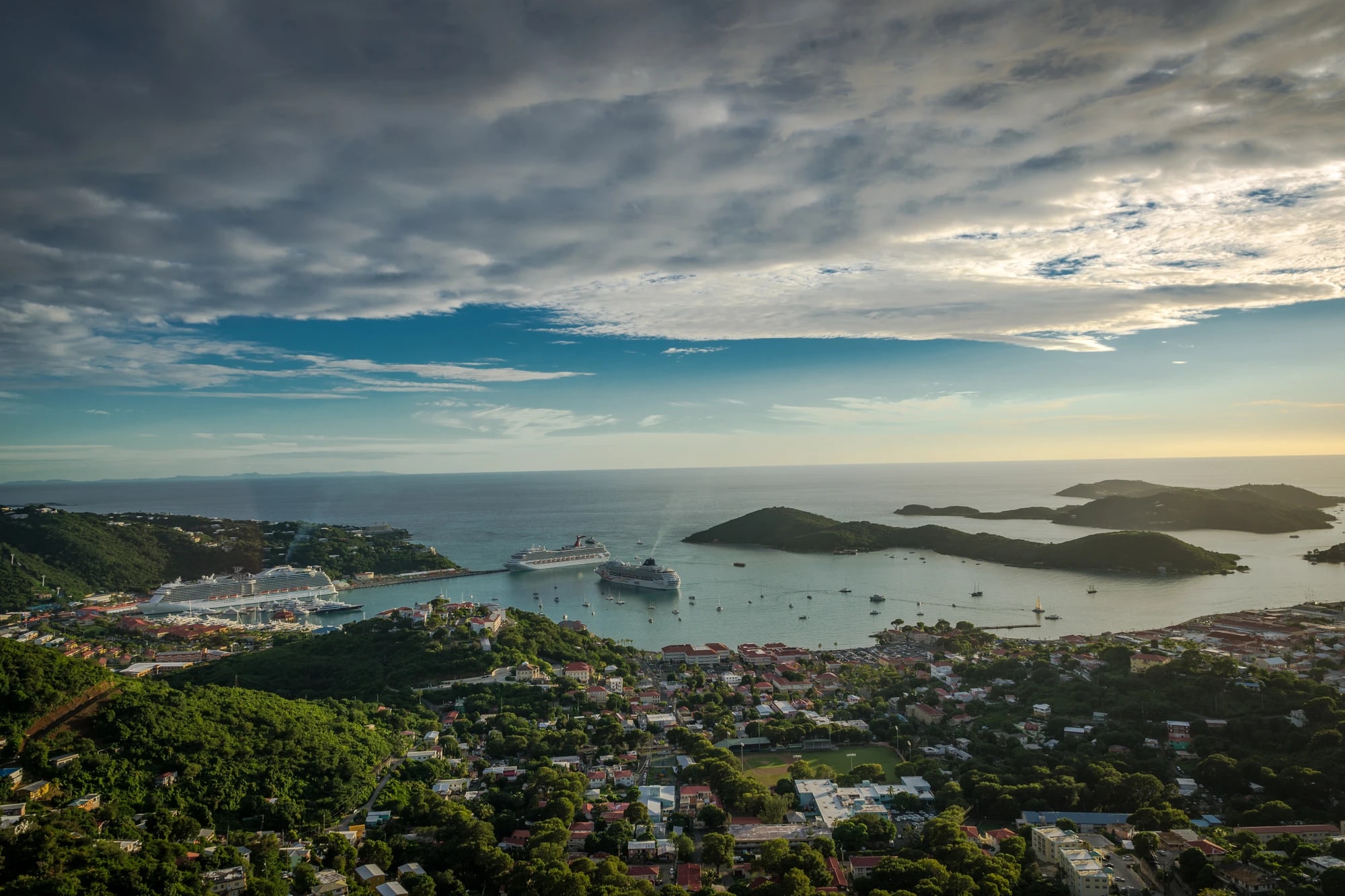 Aerial sunset view of Charlotte Amalie harbor and cruise ships, Saint Thomas