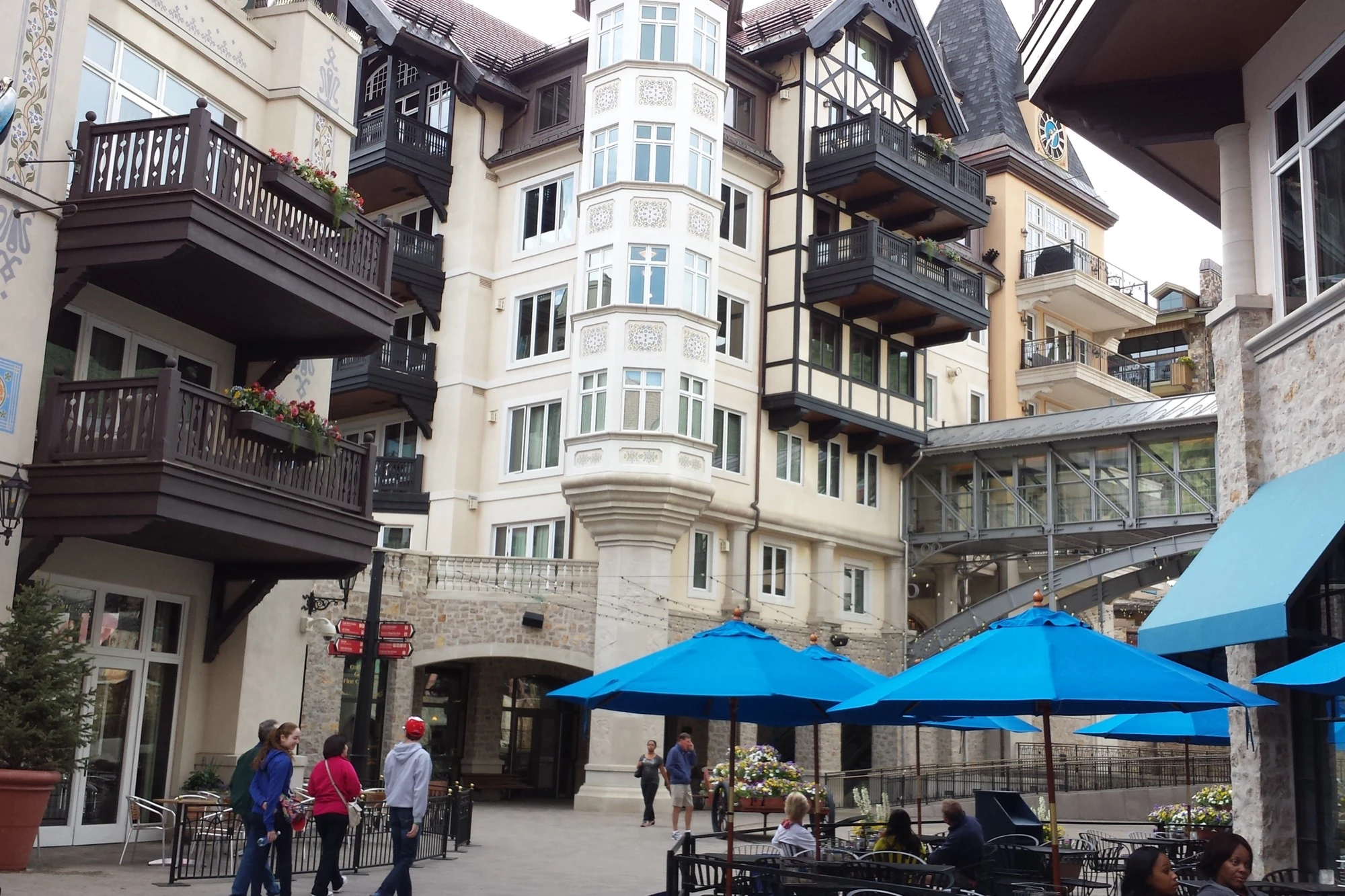 Tyrolean-style architecture and pedestrian plaza in Vail Village, Colorado